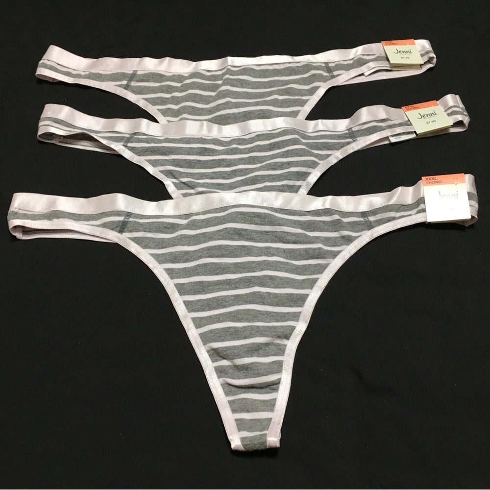 3- Jenni Intimates XXXL Gray Simple Stripe Thong Underwear Bikini Panty